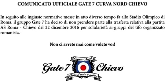 Gate 7 Chievo solidale con la Curva Sud