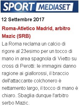 Roma-Atletico, Mediaset: ci manca un rigore